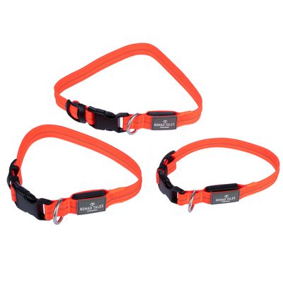 Nomad Tales Hundehalsbänder in leuchtendem Orange mit schwarzem Verschluss und Metallring, drei Grössen sichtbar.