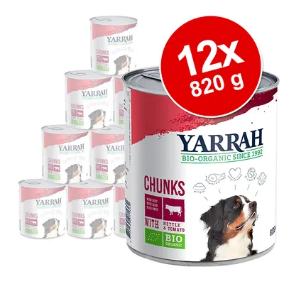 Yarrah BIO-ORGANIC SINCE 1992 CHUNKS with beef, nettle & tomato. 12x820 g dåser vist med hundebillede på emballagen og grøn BIO ORGANIC mærkning.