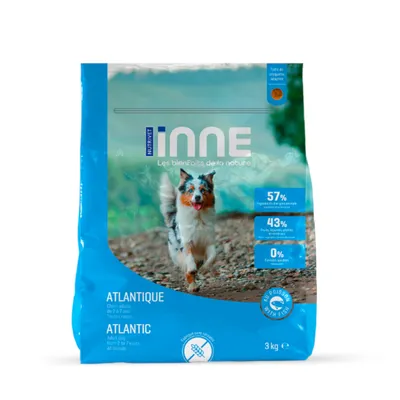 Balení krmiva NUTRIVET INNE Atlantic pro dospělé psy, 3 kg. Text: 57 % ingrediencí živočišného původu, 43 % ovoce, zelenina, rostliny, 0 % obilovin. S rybou.