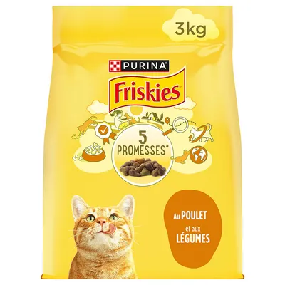 Purina Friskies Katzenfutter, 3kg, mit Huhn und Gemüse. Verpackung zeigt '5 Promesses' und eine orangefarbene Katze.