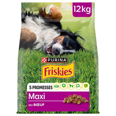 Confezione da 12 kg di crocchette per cani Purina Friskies Maxi au bœuf, testo visibile: 5 promesses, 100 %, immagini simboliche e crocchette illustrate sulla confezione.