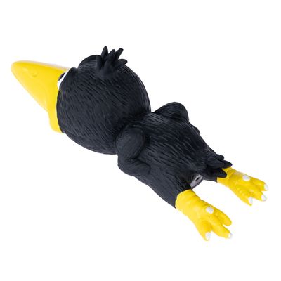 Giocattolo per cani nero a forma di uccellino sdraiato con becco e zampe gialle.