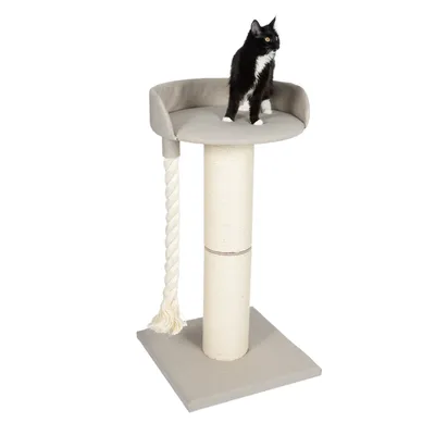 Arbre à chat beige avec plateforme ronde, corde suspendue et poteau recouvert de sisal, chat noir et blanc assis sur le dessus. Base carrée en tissu visible.