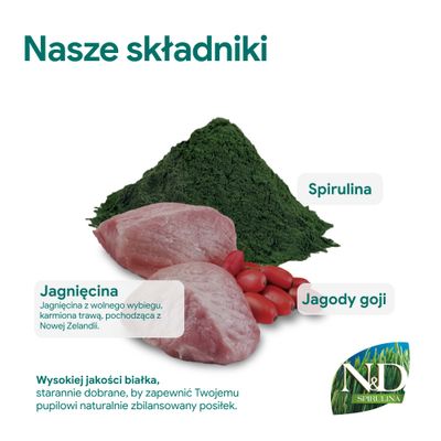 Składniki: spirulina, jagody goji, mięso jagnięce z hodowli na wolnym wybiegu. Wysokiej jakości białko dla naturalnie zbilansowanego posiłku. Marka: N&D Spirulina.