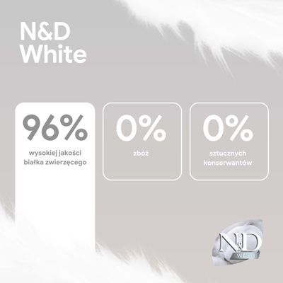 N&D White: 96% wysokiej jakości białko jaja zwierzęcego, 0% zboż, 0% sztucznych konserwantów.