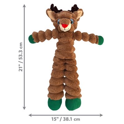 Brown plush toy in reindeer shape with green feet. Dimensions: height 53.3 cm, width 38.1 cm.