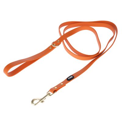 Correa naranja para perro con mosquetón metálico y logo Flectit, ajustable con remaches dorados.