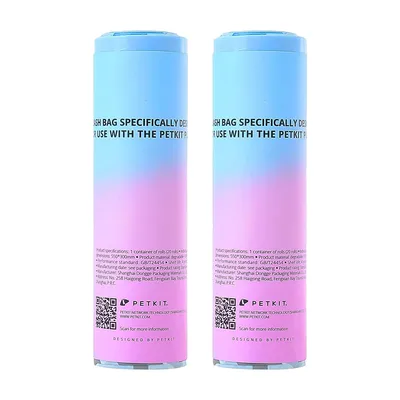 Deux rouleaux de sacs à déchets PETKIT, texte en anglais : 'Trash bag specifically designed for use with the PETKIT', informations techniques et QR code visibles sur l'emballage. Deux rouleaux de sacs à déchets PETKIT, texte en anglais : 'Trash bag specifically designed for use with the PETKIT', informations techniques et QR code visibles sur l'emballage.