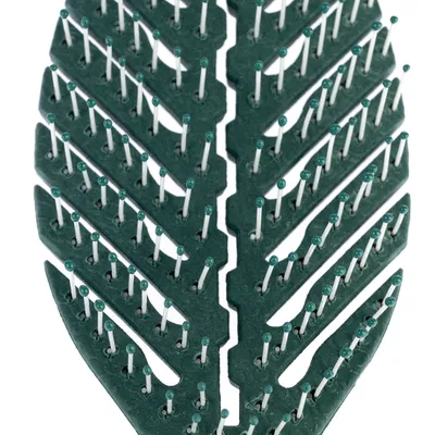 Gros plan sur une brosse en plastique vert foncé avec des picots blancs à embouts verts, disposés en rangées parallèles.