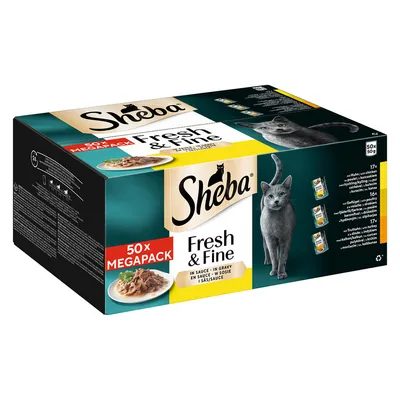 Sheba Fresh & Fine megapack s 50 porciami po 50 g v omáčke. Druhy: kuracie, hydinové, morčacie. Balenie zobrazuje sivú mačku a produkt.