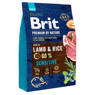 Brit Premium by Nature Sensitive, janjetina i riža, 60%, za odrasle pse svih pasmina. Bez GMO-a, podržava probavu, kožu i dlaku te imunitet. S lososovim uljem i borovnicama.