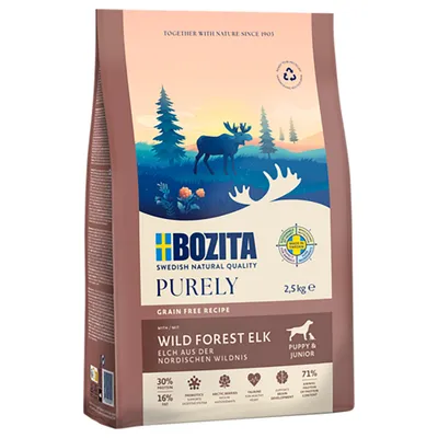 Bozita Purely Wild Forest Elk, spannmålsfritt recept, älg från nordisk vildmark, 2,5 kg, för valpar och juniorer. Protein 30 %, fett 16 %, arktiska örter, hållbar svensk kvalitet.