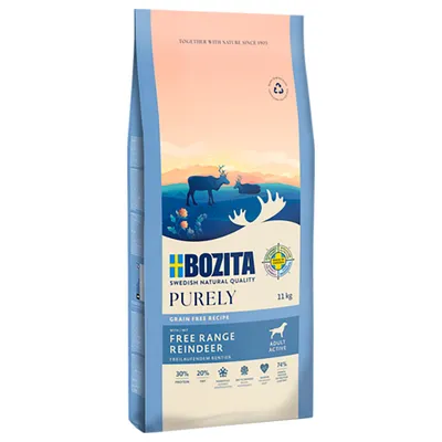 Bozita Purely, rețetă fără cereale cu carne de ren crescut în libertate, 11 kg. Pentru câini adulți activi. Proteină 30%, grăsime 20%, 74% ingrediente de origine animală. Calitate naturală suedeză.