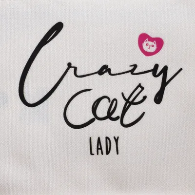 Textový obrázok s nápisom „Crazy Cat Lady“ a ružovým srdcom s motívom mačky.