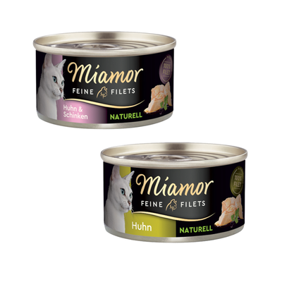 Lot de 24 boîtes Miamor Feine Filets Huhn & Thun Naturell, 80 g chacune. Étiquette avec image de chat et filet de viande, mention 100 % filet visible.