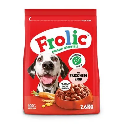 Frolic hondenvoer, 2,6 kg zak. Tekst: 'Naturally Irresistible', 'Mit natürlichen Zutaten', 'Mit frischem Rind', '100% complete'. Afbeelding van hond, wortel en voerbak. Frolic hondenvoer, 2,6 kg zak. Tekst: 'Naturally Irresistible', 'Mit natürlichen Zutaten', 'Mit frischem Rind', '100% complete'. Afbeelding van hond, wortel en voerbak.