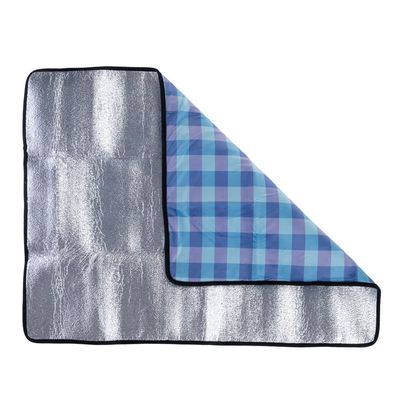 Reversible blanket with silver thermal surface and blue checked fabric, suitable for heat insulation or protection.