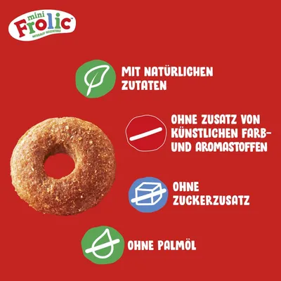 Mini Frolic. Z naravnimi sestavinami, brez dodanih umetnih barvil in arom, brez dodanega sladkorja, brez palmovega olja.