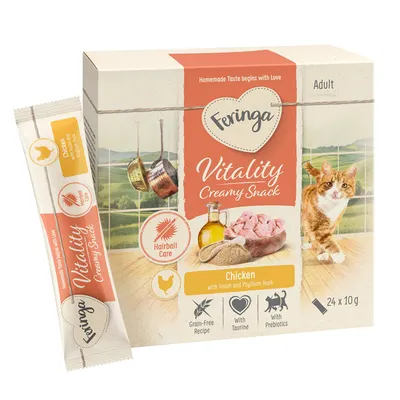 Feringa Vitality Creamy Snack til katte, smag af kylling med inulin og loppefrøskaller. Hårbollepleje, kornfri opskrift, med taurin og præbiotika. Pakke: 24 x 10 g.