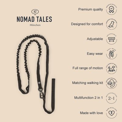 Nomad Tales München Hundeleine. Premiumqualität, Komfortdesign, verstellbar, leicht zu tragen, volle Bewegungsfreiheit, passendes Spaziergang-Set, multifunktional 2-in-1, hergestellt mit Liebe.