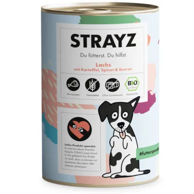 STRAYZ Lachs mit Kartoffel, Spinat & Beeren. Monoprotein, sans céréales, sans sucre ajouté, bio. Texte en allemand : Du fütterst. Du hilfst. Illustration de chien.