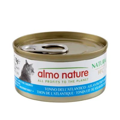 almo nature cat food tin, 70g, with text 'ALL PROFITS TO THE PLANET' and 'TONNO DELL'ATLANTICO' on label. Pull tab lid visible.
