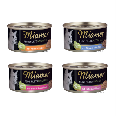 Miamor Feine Filets Naturelle, assortiment de 4 boîtes visibles : mit Huhn & Kürbis, Huhn & Schinken, Thun & Krebsfleisch, Skipjack-Thunfisch. Texte : Offre d’essai !