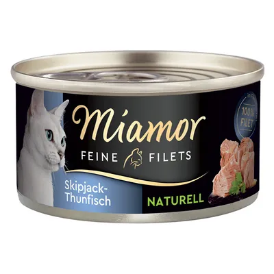 Boîte de filets pour chat Miamor Feine Filets, Skipjack-Thunfisch, Naturell, 100 % filet visible sur l’étiquette, image d’un chat blanc et morceaux de thon.