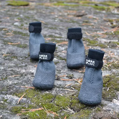 Vier graue Hundeschuhe mit schwarzem Klettverschluss und 'rukka'-Logo, auf einem moosbedeckten Steinboden platziert.