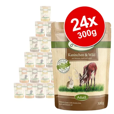 Animonda Kaninchen & Wild Adult, 24 x 300g pouches. Rabbit & Game with brown rice, apple and linseed oil. Large red label: 24x 300g. Visible text in German and English. Animonda Kaninchen & Wild Adult, 24 x 300g pouches. Rabbit & Game with brown rice, apple and linseed oil. Large red label: 24x 300g. Visible text in German and English.