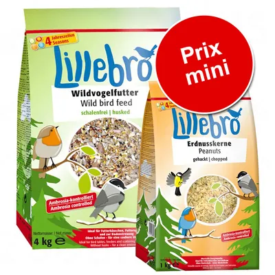 Deux sacs Lillebro : mélange de graines pour oiseaux sauvages 4 kg, cacahuètes hachées 1 kg. Texte visible : Ambrosia controlled, Prix mini, Wild bird feed, Peanuts, schalenfrei, gehackt.