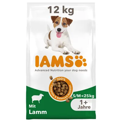 IAMS krmivo pro psy s jehněčím, 12 kg, pro psy od 1 roku, velikost S/M do 25 kg, 100% kompletní a vyvážená výživa.