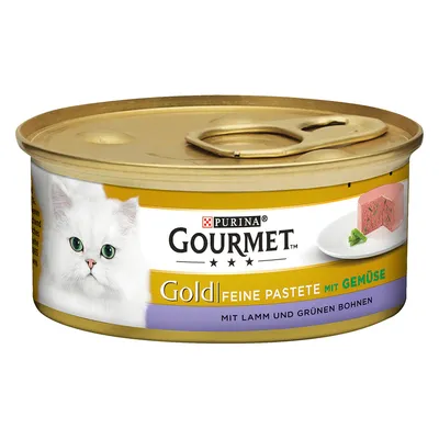 Purina Gourmet Gold pâté fine aux légumes, avec agneau et haricots verts. Nourriture pour chat en boîte dorée.
