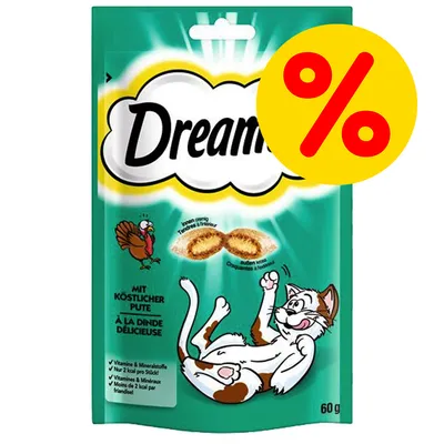 Dreamies-kissanherkut, kalkkunan maku, 60 g. Pakkauksessa piirros kissasta ja kalkkunasta, keltainen prosenttimerkki oikeassa yläkulmassa. Dreamies-kissanherkut, kalkkunan maku, 60 g. Pakkauksessa piirros kissasta ja kalkkunasta, keltainen prosenttimerkki oikeassa yläkulmassa.