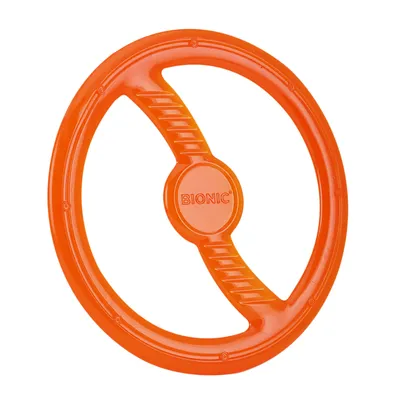 BIONIC orange plastic ring with textured grips, suitable as a toy or throwing object. BIONIC orange plastic ring with textured grips, suitable as a toy or throwing object.