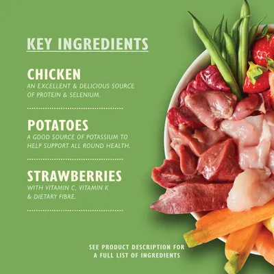 Key ingredients: chicken, an excellent source of protein and selenium; potatoes, a good source of potassium; strawberries with vitamin C, vitamin K and dietary fibre.
