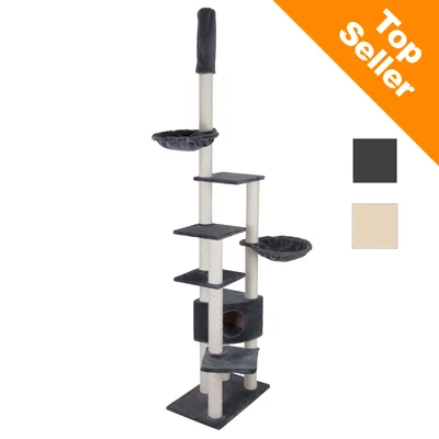 Klösträd med flera nivåer, två runda liggplatser, klösstolpar i sisal och mjuka plattformar. Finns i färgerna mörkgrå och beige. Text: Top Seller uppe till höger.
