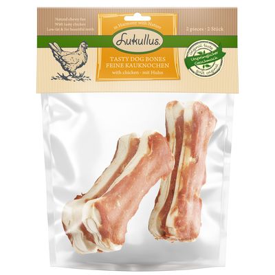 Kauknochen mit weisser Basis und brauner Fleischschicht, geeignet als Snack oder Belohnung für Haustiere.