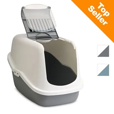 Kattenbak met kap, scharnierend deurtje en ventilatierooster. Twee kleurvarianten zichtbaar. Oranje hoeklabel met tekst: Top Seller.