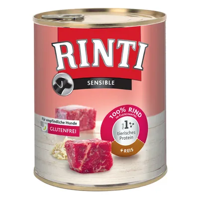 Rinti Sensible hrană umedă pentru câini sensibili, fără gluten, 100% vită în proporția de carne, doar 1% proteină animală, cu orez.