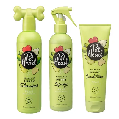 Pet Head Mucky Pup шампоан, спрей и балсам за кученца с круша и лайка. Натурални маслени екстракти, 300 мл и 250 мл.