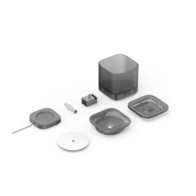 PETKIT etetőautomata, szétszerelve: tartály, fedél, tál, szenzor és tartozékok. A termék felépítését és alkatrészeit mutatja.