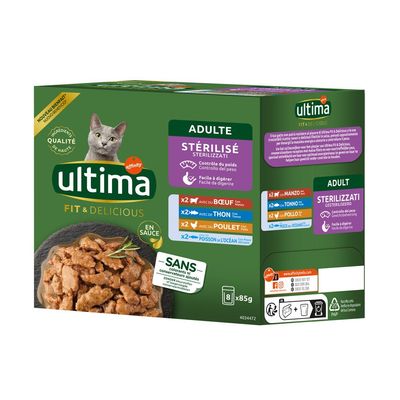 4x70 g/ 8x85 g gratis! 2,5 kg Ultima hrană uscată + 4x70 g/ 8x85 g hrană umedă