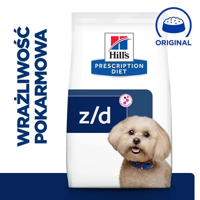 Hill's Prescription Diet z/d, napis: wrażliwość pokarmowa, oznaczenie Original, opakowanie karmy na tle z psem. Widoczne logo Hill's i symbol ActivBiome+.