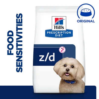 Hill's Prescription Diet z/d Original, Food Sensitivities, packaging with dog image and ActivBiome+ notice. Hill's Prescription Diet z/d Original, Food Sensitivities, packaging with dog image and ActivBiome+ notice.
