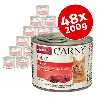 animonda Carny Adult Rind pur våtfoder för katt, 48x200g. Text: 100% frische Zutaten – Ohne Getreide. Bild på katt och nötköttsbitar på burken.