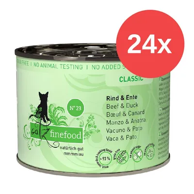 Catz Finefood Classic Nr. 23 Rind & Ente, 24x Dose, getreidefrei, ohne Tierversuche, ohne Zuckerzusatz. Catz Finefood Classic Nr. 23 Rind & Ente, 24x Dose, getreidefrei, ohne Tierversuche, ohne Zuckerzusatz.