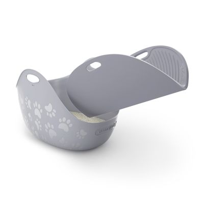 Bac à litière gris en plastique avec motifs de pattes, couvercle amovible et poignées. Marque visible : LitterLocker.