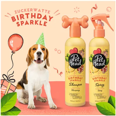 Pet Head Cotton Candy Birthday Sparkle Shampoo et Spray, 300 ml chacun. Texte visible : Zuckerwatte Birthday Sparkle, Natural oils & extracts, sulfate free, vegan, pH balanced.