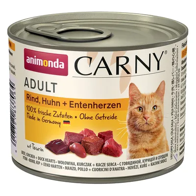 Animonda Carny Adult, vacuno, pollo y corazones de pato. 100% ingredientes frescos, sin cereales, hecho en Alemania con taurina.
